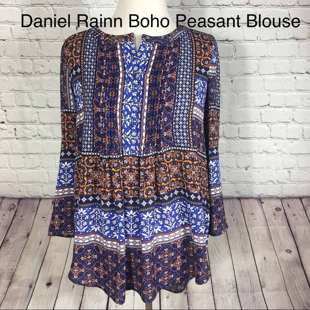 Daniel Rainn Blue and Brown Boho Peasant Blouse